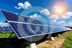 Clean energy and renewable power are captured in a realistic photo of a solar farm with rows of solar panels under a bright blue photo