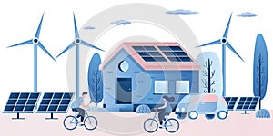 Clean energy and smart technology background. Windmills, rooftop solar panel house and electric car