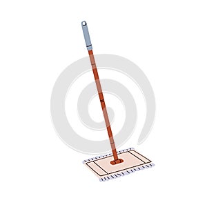 Clean floor mop with stick handle. Cleaning tool, washing rag, dust wiper, brush on pole. Housework, housecleaning item