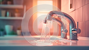 Clean, flowing water from modern chrome faucet in domestic kitchen generated by AI