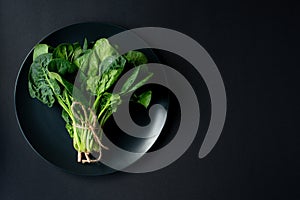Clean food concept. Bunch of leaves of fresh organic spinach greens in a plate on a black background. Healthy detox spring-summer