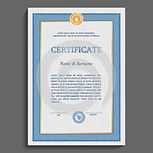 Clean, graphic certificate or diploma template. Blue and gold vertical frame on a gray grid background. Gratitude, victory and