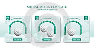 Clean green ramadhan festival instagram post template set with podium platform for product display