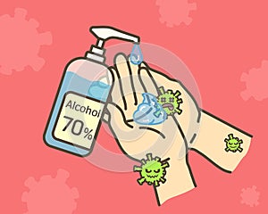 Clean hands with alcohol gel. Killing virus.
