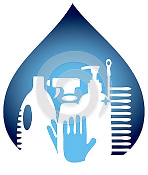 Clean house vector illustration with glove, brush and antiseptic