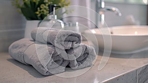 Clean hygienic bathroom with rolled-up grey towels. Generative ai