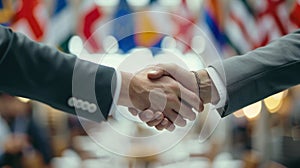 Clean icon of a handshake between two people, with flags in the background