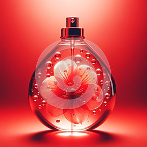 Clean image of a flower inside a bottle of perfume on red background