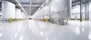 Clean Industrial plant handling liquids in factories. White halls, tanks in row, pipes and yellow details ideal for