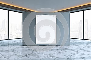 Clean interior with empty white mock up banner, panoramic windows, city view and daylight.