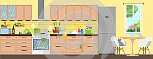 Clean kitchen interior. The food is prepared, the products are bought, the dishes are washed.Vector flat illustration.