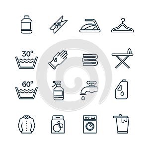 Clean laundry and dryer service vector line icons