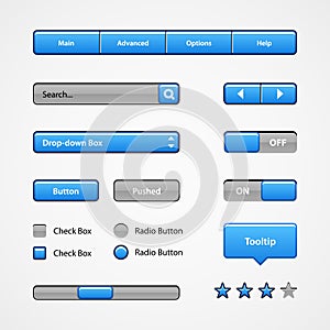 Clean Light Blue User Interface Controls. Web Elements. Website, Software UI: Buttons, Switchers, Slider, Arrows, Drop-down
