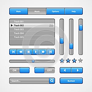 Clean Light Blue User Interface Controls. Web Elements. Website, Software UI: Buttons, Switchers, Slider