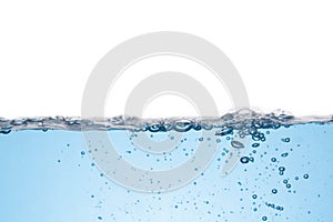 Clean light blue water wave and bubbles air isolated on white background