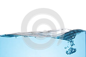 Clean light blue water wave and bubbles air isolated on white background
