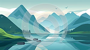 Clean lines and simple shapes depict a peaceful mountain and lake landscape in vector style AI Generate photo