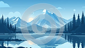Clean lines and simple shapes depict a peaceful mountain and lake landscape in vector style AI Generate photo
