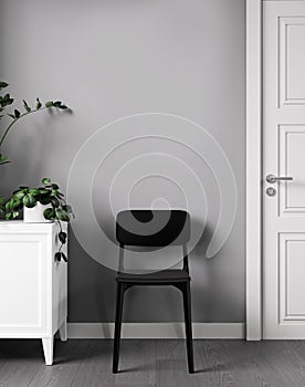 Clean living room interior with chest of drawers, stool, plant and door on gray wall background. 3D rendering