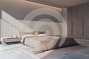 Clean luxury bedroom interior with king size bed and sunlight. Hotel room concept.