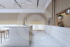 Clean luxury brown kitchen interior with furniture and various other objects. Interior designs concept. 3D Rendering