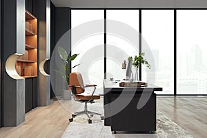 Clean luxury office interior with window and city view, bookcase and other objects.