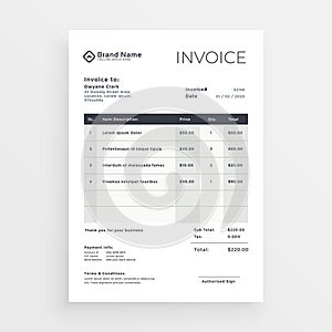 Clean minimal invoice vector template design