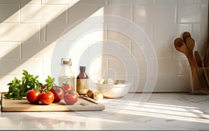 Clean minimal white marble kitchen countertop with cooking ingredients tomato asparagus bowl in morning sunlight on white square