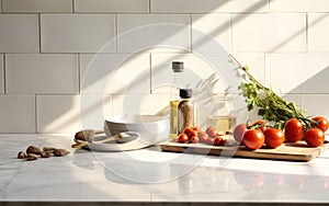 Clean minimal white marble kitchen countertop with cooking ingredients tomato asparagus bowl in morning sunlight on white square