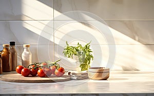 Clean minimal white marble kitchen countertop with cooking ingredients tomato asparagus bowl in morning sunlight on white square