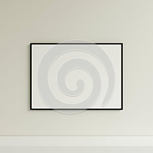 Clean and minimalist front view horizontal black photo or poster frame mockup hanging on the wall. 3d rendering