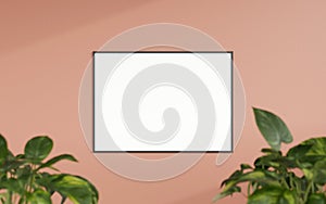 Clean and minimalist front view horizontal black photo or poster frame mockup hanging on the wall with blurry plant. 3d rendering