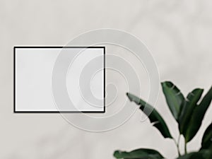 Clean and minimalist front view horizontal black photo or poster frame mockup hanging on the wall with plant. 3d rendering