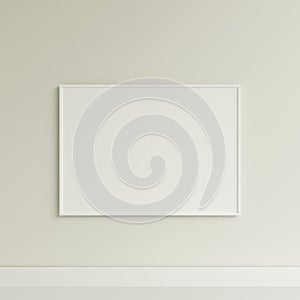 Clean and minimalist front view horizontal white photo or poster frame mockup hanging on the wall. 3d rendering