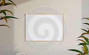 Clean and minimalist front view horizontal wooden photo or poster frame mockup hanging on the wall with blurry plant. 3d rendering