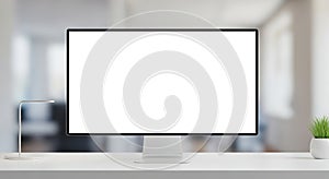 Blank Computer Screen Mockup on Desk, Modern Office Interior