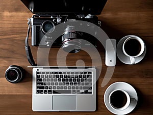 Clean minimalist office desk laptop coffee mug notebook