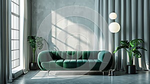 a light-diffusing room with curtains covering the windows and a velvet green sofa photo
