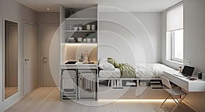 Modern Studio Apartment with Integrated Kitchenette and Workspace