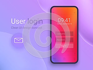 Clean Mobile UI Design Concept. Login Application with Password Form Window. Trendy Holographic Gradients. Flat Web Icons. EPS 10