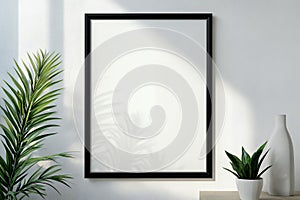 Blank Poster Mockup Modern Frame with Plants and Sunlight Shadows on White Wall