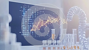 Scientific lab with monitor showing genetic data, test tubes, and blurred DNA for research.