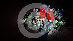 Clean modern city at night with 5G cellphone antennas, concept, background. Digital 3D rendering