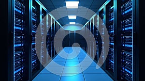 Data center corridor with server racks providing cloud computing and information technology infrastructure and cybersecurity