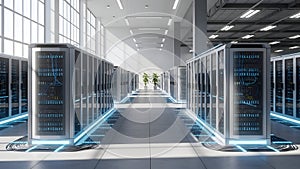 Modern Data Center with Server Racks, Technology, Cloud Computing, and Network Infrastructure