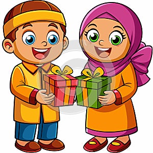 Cartoon Muslim children, joyful, giving gifts