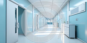 Clean, Modern Hospital Corridor with Bright Interior and Empty Hallway, White Walls and Blue Door in Clinical Health