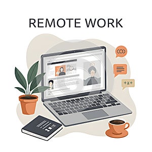 Remote Work Setup with Laptop, Coffee, and Plant