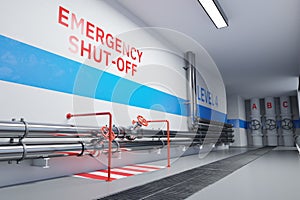 Clean, modern industrial hallway with stainless steel pipelines and red emergency valves. Digital render