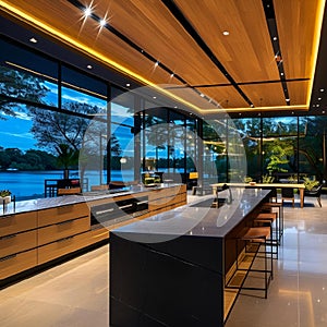 a clean modern kitchen has an island with table and bar stools